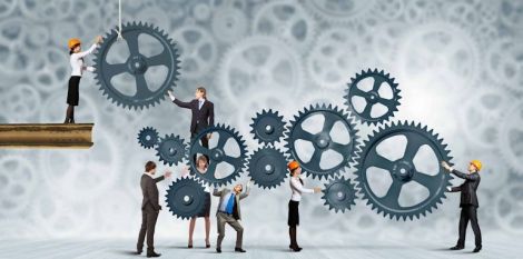 Conceptual image of businessteam working cohesively. Interaction and unity